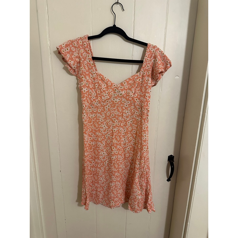Hurley Womens‎ Daisy Floral Smocked Back Ruffle Sleeve Mini Dress Peach Orange S